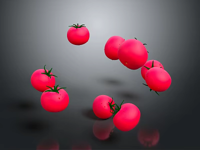 Juicy Fresh Red Tomatoes Floating in Mid Air With Glossy Surface Against Dark Background 3d model