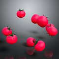 Juicy Fresh Red Tomatoes Floating in Mid Air With Glossy Surface Against Dark Background