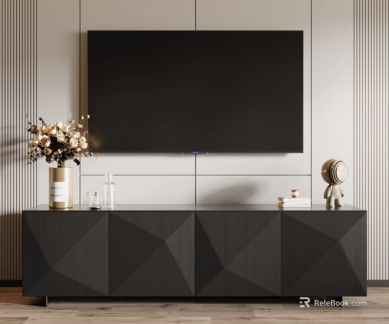Modern TV Stand with Geometric Panel Doors Wall Mounted TV Vase Flowers Books Striped Wall 3d model 
