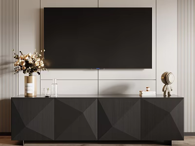 Modern TV Stand with Geometric Panel Doors Wall Mounted TV Vase Flowers Books Striped Wall 3d model