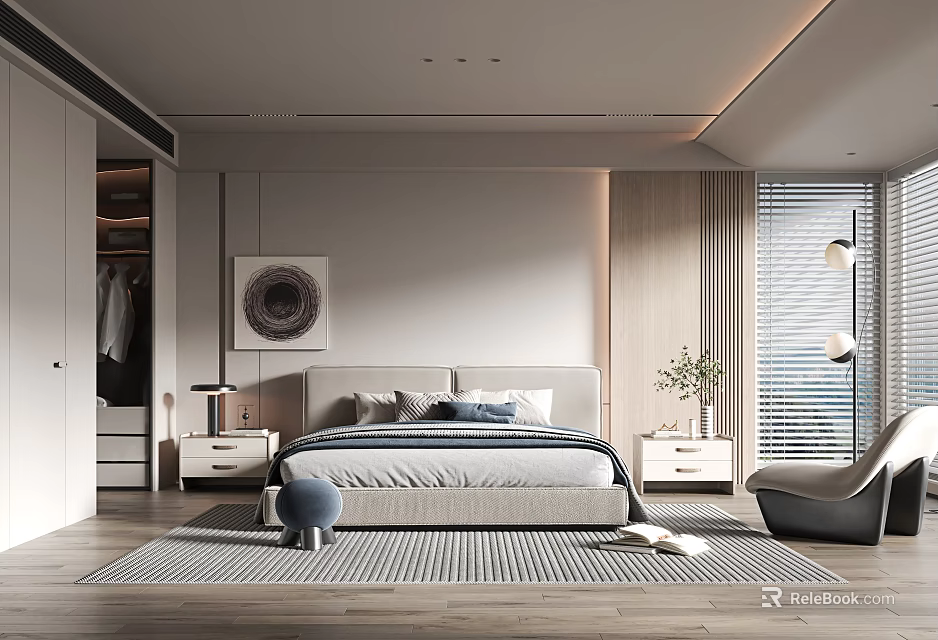 Modern Bedroom Interior Design With Bed Nightstands Striped Rug Decorative Painting And Wardrobe 3d model 