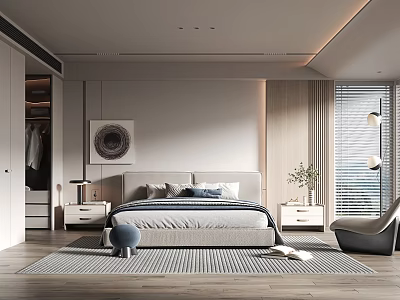 Modern Bedroom Interior Design With Bed Nightstands Striped Rug Decorative Painting And Wardrobe 3d model