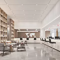 Modern Reception Desk in Spacious Lobby with Gray Marble Walls Sofa Seating and Green Plants