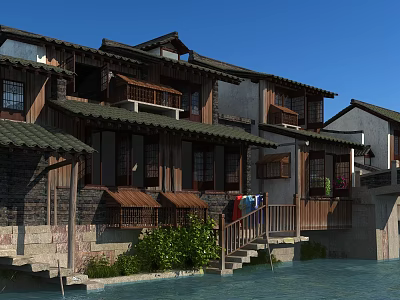 Traditional Chinese Ancient Architecture With Wooden Structure Tile Roof Stone Stairs And Plants By Water 3d model