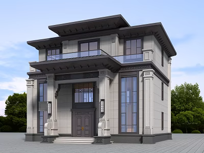 Modern Chinese Style Two Story Detached Villa With Large Windows Balcony And Green Trees 3d model
