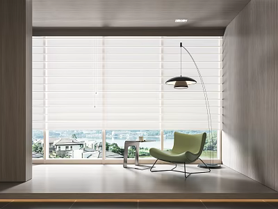 Modern White Venetian Blinds For Floor To Ceiling Windows With Green Armchair And Floor Lamp 3d model
