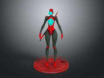 3D Female Character Model With Red Black Design Blue Glowing Elements Knife On Circular Platform 3d model