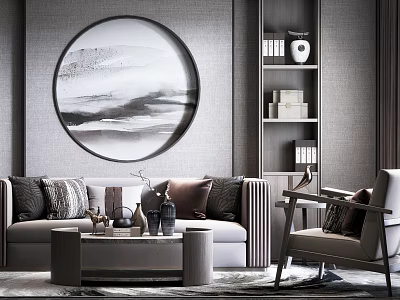 Modern Living Room Sofa Coffee Table Set With Accent Pillows Round Wall Art And Shelving 3d model