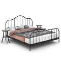 Double Bed with Black Metal Frame Gray Quilt Brown Blanket and Round Side Stools