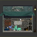 Vintage Motorcycle Shop Building With Green Awning Brick Wall And Street Lamp