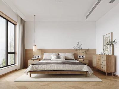 Modern Minimalist Bedroom With Wooden Bed Nightstands Dresser Large Window Herringbone Rug And Pendant Light 3d model