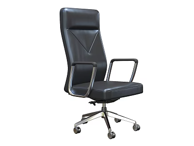 Black Leather Office Chair with High Back Metal Armrests and Swivel Base on Wheels 3d model