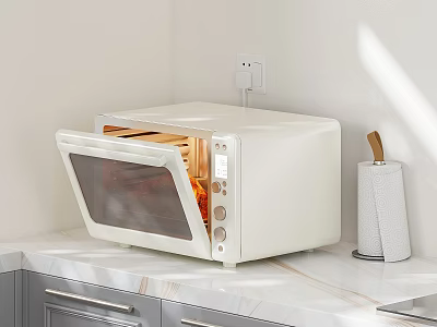 White Kitchen Microwave Oven on Countertop with Open Door Food Inside and Paper Towel Holder 3d model