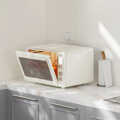 White Kitchen Microwave Oven on Countertop with Open Door Food Inside and Paper Towel Holder 3d model