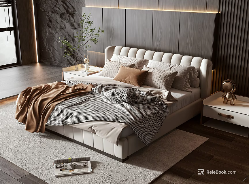 Luxury Upholstered Double Bed With Soft Pillows Blanket And Wooden Textured Wall 3d model 