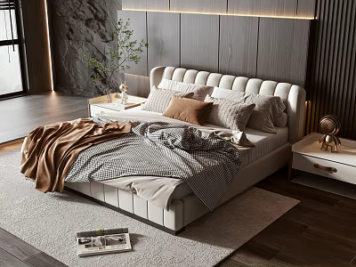Luxury Upholstered Double Bed With Soft Pillows Blanket And Wooden Textured Wall 3d model