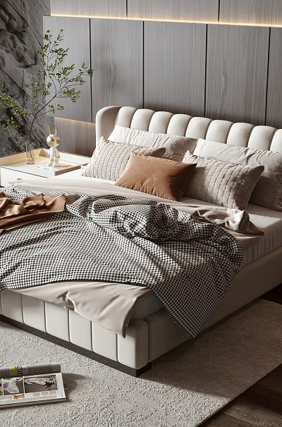 Luxury Upholstered Double Bed With Soft Pillows Blanket And Wooden Textured Wall 3d model