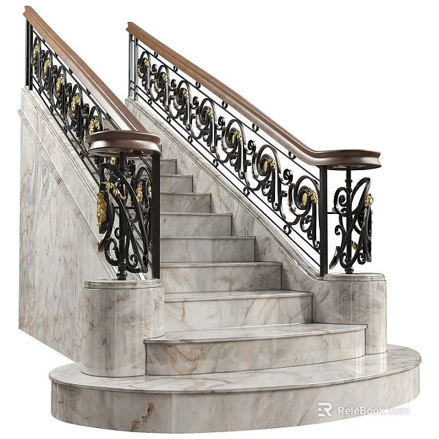 Elegant Staircase With Marble Steps Black Wrought Iron Railings Gold Decorations And Wooden Handrail 3d model 