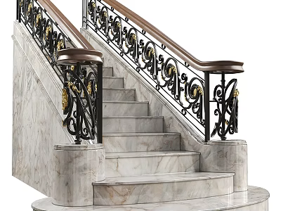 Elegant Staircase With Marble Steps Black Wrought Iron Railings Gold Decorations And Wooden Handrail 3d model