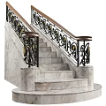 Elegant Staircase With Marble Steps Black Wrought Iron Railings Gold Decorations And Wooden Handrail