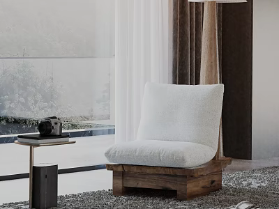 Cozy Leisure Chair With Wooden Frame White Cushion By Window In Living Room With Scenic View 3d model