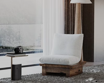 Cozy Leisure Chair With Wooden Frame White Cushion By Window In Living Room With Scenic View 3d model