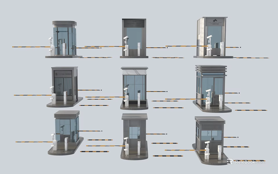 Various Security Booth Designs With Yellow Black Barriers And Multiple Styles 3d model 