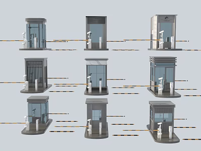 Various Security Booth Designs With Yellow Black Barriers And Multiple Styles 3d model