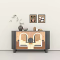 Geometric Pattern Wooden Console Table With Bamboo Vase And Two Framed Artworks 3d model