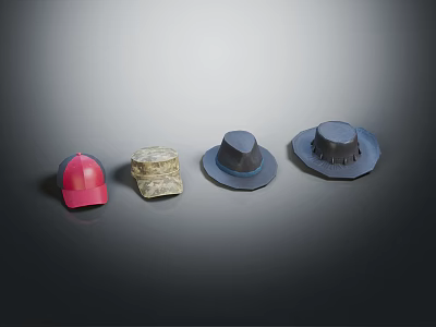Different Styles Of Hats With Red Camo And Dark Colors For Fashion 3d model