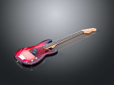 Red Gradient Electric Bass Guitar With Strings Neck And Body On Black Background 3d model