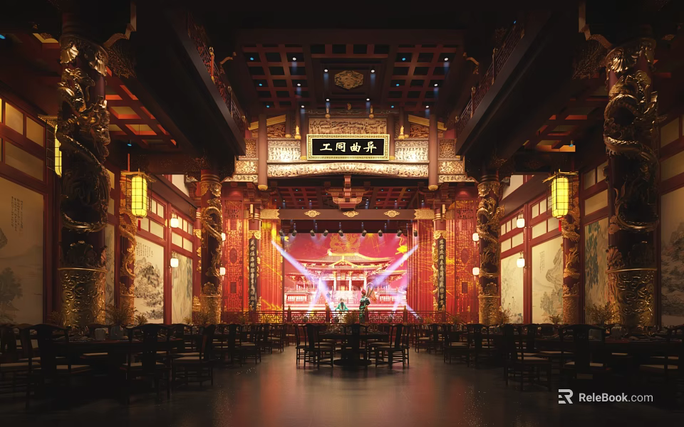Traditional Jiangnan Theater Interior With Wooden Structure Red Decorations Lanterns Stage And Plaque 3d model 