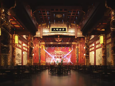Traditional Jiangnan Theater Interior With Wooden Structure Red Decorations Lanterns Stage And Plaque 3d model