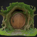 Cartoon Scene Of Enchanted Wooden Tree House Door With Vines Stone Pathway And Lush Greenery