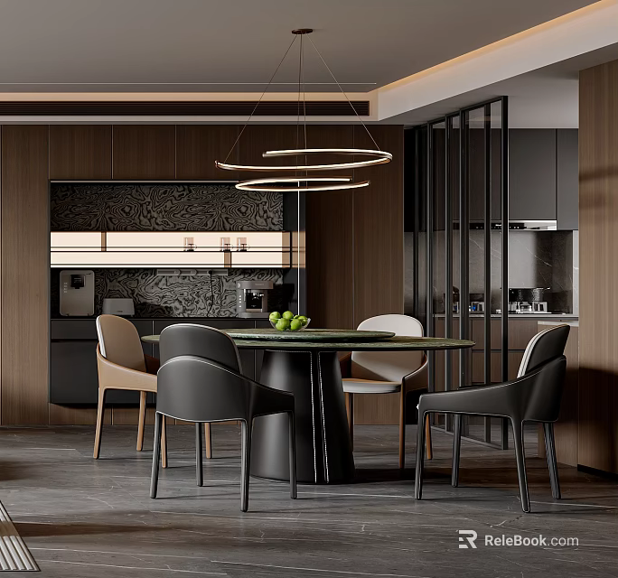 Modern Luxury Dining Table Set With Stylish Upholstered Chairs In Elegant Warm Home Dining Area 3d model 