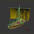Model Boat With Yellow Sail Black Wave Spiral Patterns Wooden Hull Red Masts And Oars