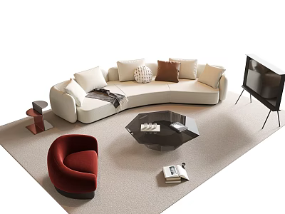 Curved White Sofa with Pillows and Black Hexagonal Coffee Table Set and Red Accent Chair 3d model