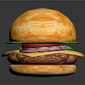 Juicy Hamburger With Orange Bun Green Lettuce Yellow Cheese Red Onion And Beef Patty