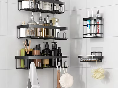 Wall Mounted Bathroom Shelves with Multi Tiered Storage for Toiletries and Towel Hooks 3d model