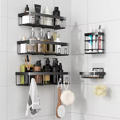 Wall Mounted Bathroom Shelves with Multi Tiered Storage for Toiletries and Towel Hooks 3d model