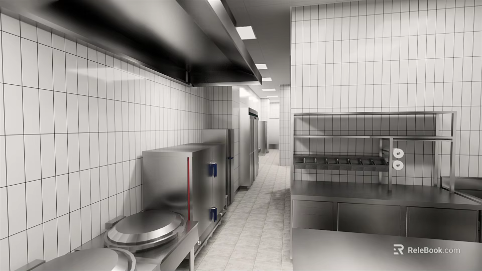 Professional Commercial Kitchen Interior With Stainless Steel Appliances Tiled Walls And Shelves 3d model 
