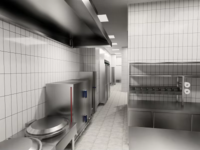 Professional Commercial Kitchen Interior With Stainless Steel Appliances Tiled Walls And Shelves 3d model
