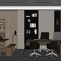 Modern Office Interior Featuring Wooden Bookshelves Leather Chairs Computer Desk And Window Blinds