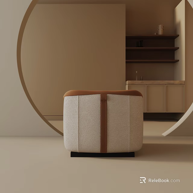 Modern Minimalist Beige Brown Fabric Side Table with Circular Decor and Wooden Shelves 3d model 
