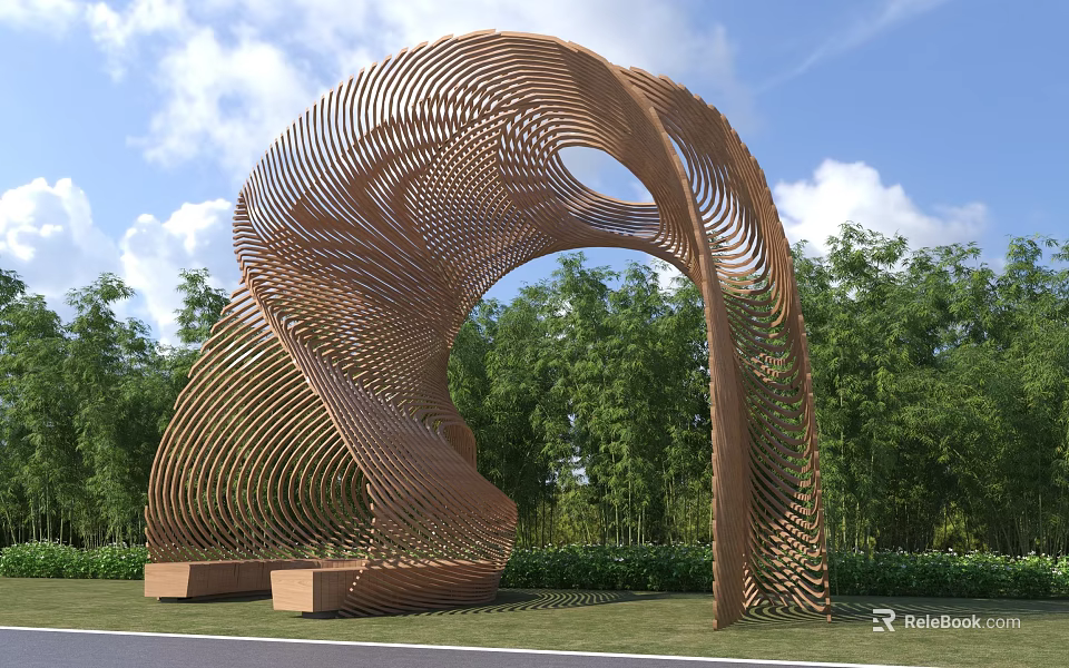 Modern Pergola with Artistic Curved Streamlined Lattice Structure in Green Outdoor Garden 3d model 