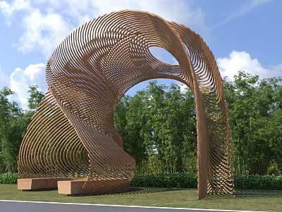 Modern Pergola with Artistic Curved Streamlined Lattice Structure in Green Outdoor Garden 3d model