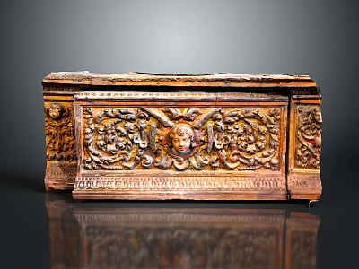 Exquisite Wooden Chest With Intricate Sculptural Carvings Classical Floral Patterns And Human Head Motif 3d model
