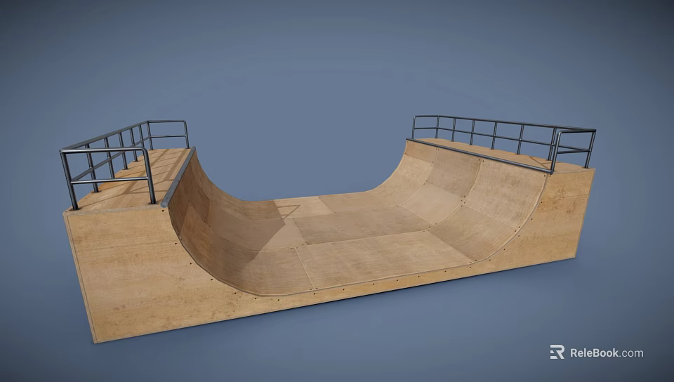Wooden Skateboard Ramp Structure Featuring Metal Railings And Smooth Surface 3d model 