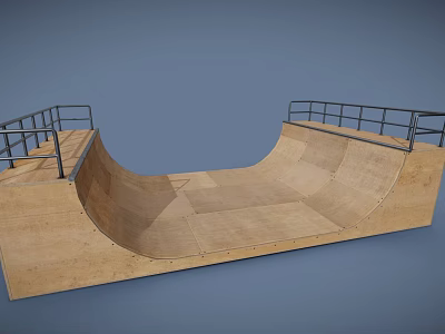 Wooden Skateboard Ramp Structure Featuring Metal Railings And Smooth Surface 3d model