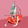 Commercial Equipment With Red Lifebuoy Base Green White Striped Sail Black Curved Structure And Streamers